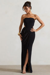 Black Strapless Cut-Out Maxi Dress With Twist Skirt